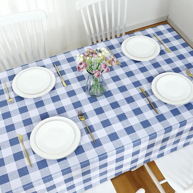 Romanstile Gingham Rectangle Plastic Tablecloth, 100% Waterproof Checkered PVC Table Cloth, Heavy Duty Vinyl Table Cover for Dining, Camping, Picnic, Outdoor - 54 x 108 Inch, Light Blue and White