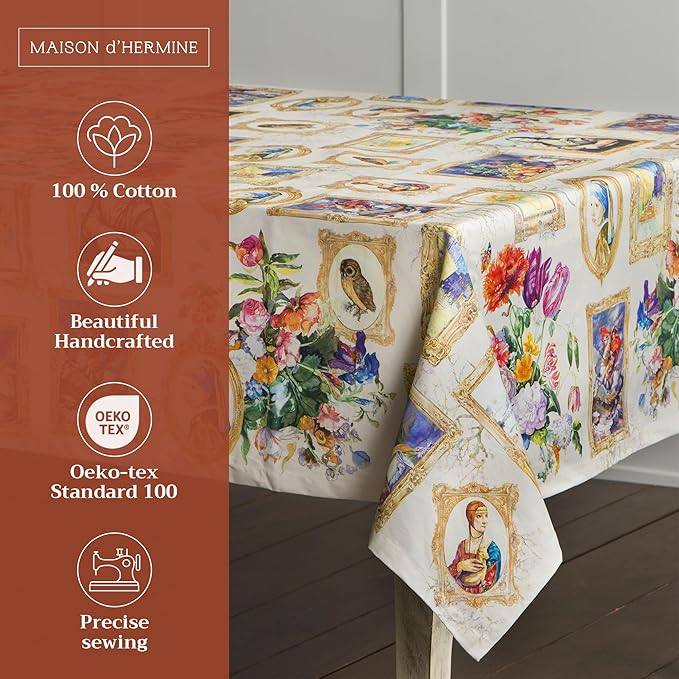 Maison d' Hermine Table Cloth Rectangle Table 100% Cotton 60 x 120 Inches Tablecloth Reusable Decorative for Dining Room, Farmhouse, Home, Party, Festive & Wedding Spring Summer - Masterpiece