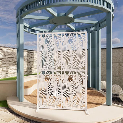 Metal Privacy Screen Room Divider 72" H x 45.3" W, Free Standing Decorative Panel with Bird Design for Indoor Outdoor Use, Black Iron Partition for Patio Balcony Garden (Leaf White)