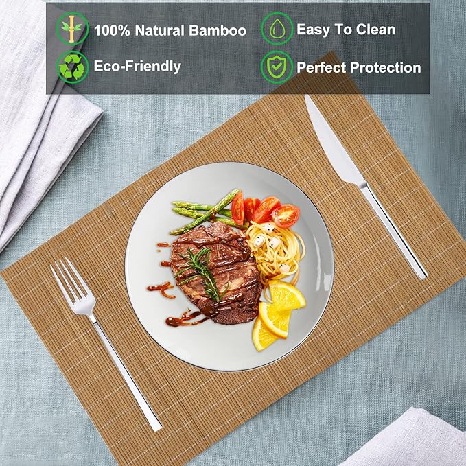 ANDSTAR Set of 24 Bamboo Placemats 17.7X11.8Inch Sushi Rolling Mat Japanese Style Bamboo Mat Natural Place Mats Washable Heat Resistant Table Mats for Dinner Dining Table Wedding Parties（Brown）