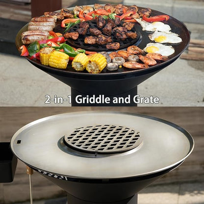 3-in-1 Rocket Stove with Griddle, Grate & Pot Rack, Large Wood BBQ Grill with Wheels, Ash Tool & Cover, Outdoor Stove for Patio Barbecue Cooking Backyard Camping RV Tailgating, GS346