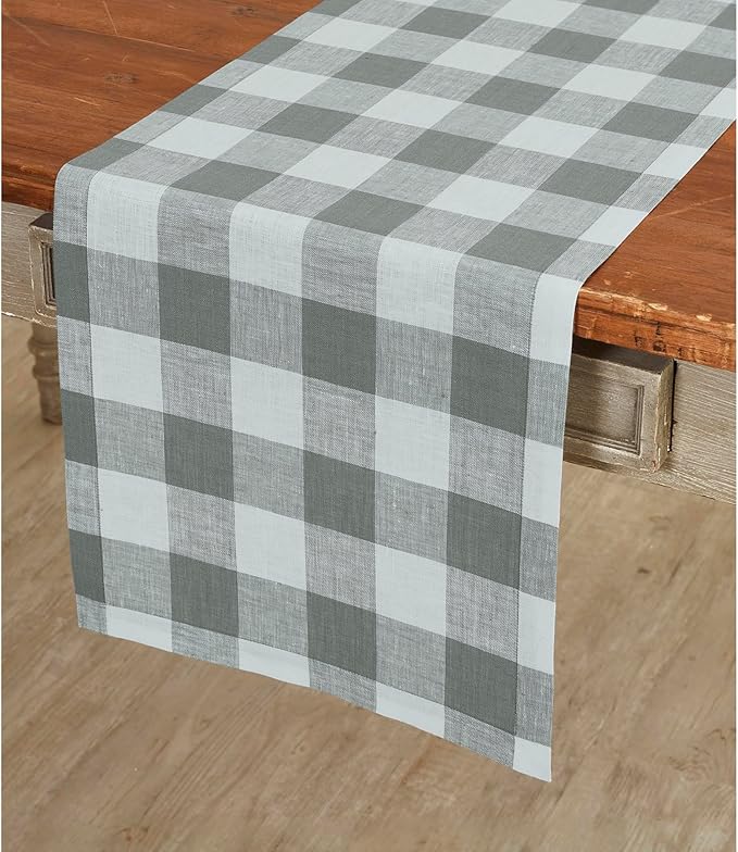 Solino Home Linen Checkered Table Runner 36 Inches - 100% Pure Linen Grey and White Buffalo Check Short Table Runner 14 x 36 Inch Ideal for Dresser and Coffee Tables - Winter, Spring, Easter