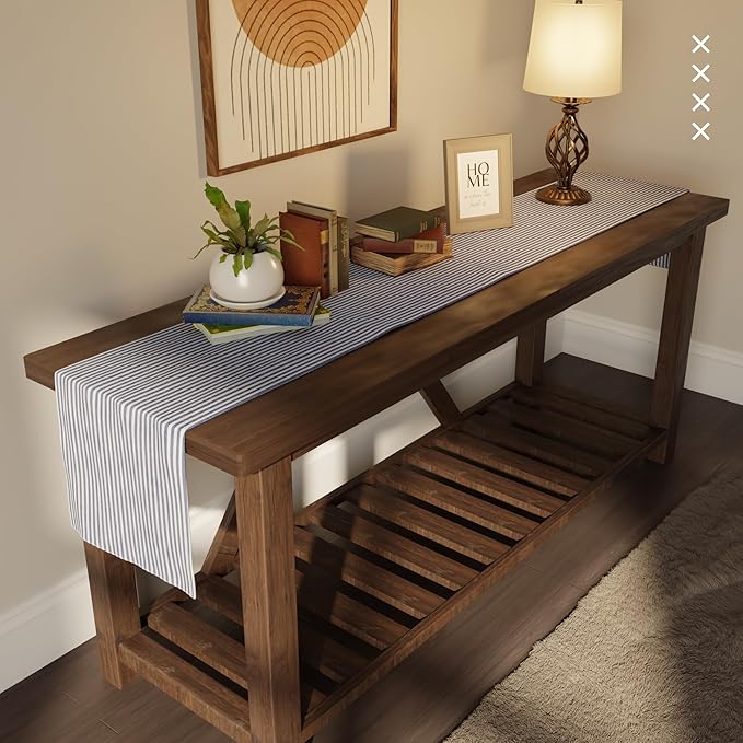 Encasa XO Cotton Dining Table Runner | Ticking Navy Blue | Size 13x94 in - Machine Washable & Durable