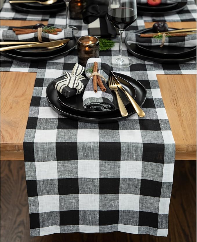 Solino Home Linen Checkered Table Runner 120 Inches Long - 100% Pure Linen Black and White Buffalo Check Table Runner 14 x 120 Inch Ideal for Dining