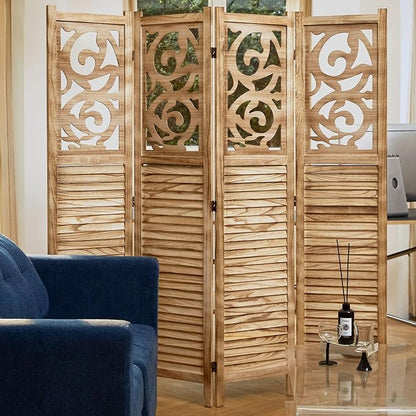Room Divider Wood Carved Wall Divider Indoor Folding Portable Partition Screen for Home Office Garden Terrace - 4 Panel, 67 * 60inch (Wood)