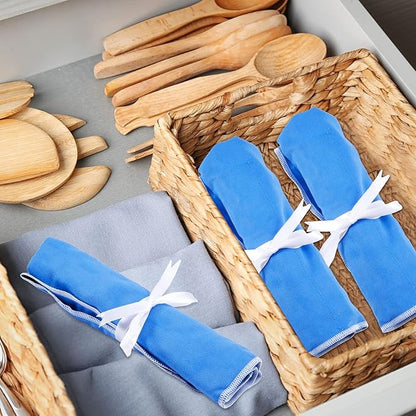 Weewooday Silver Storage Bags Anti Tarnish Silver Protector Bags Blue Holder for Silverware Flatware Storage Organizer Cloth Place Setting Roll with White Ribbon for Teaspoon Utensils(6 Pieces)