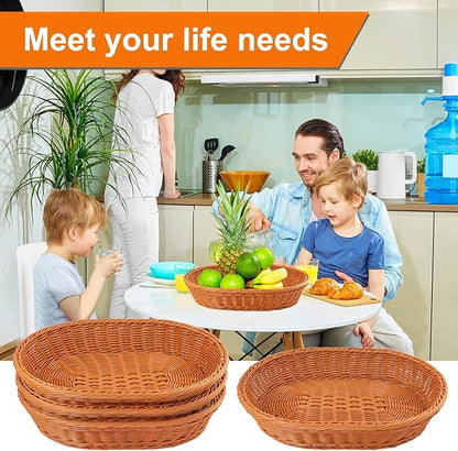 4 Pack 15.7 Inch Oval Poly Wicker Baskets, Plastic Oval Wicker Baskets, Rustic, Durable & Easy-Cleaning Wicker Bread Basket, for Home, Restaurant & Hotel Use, Brown