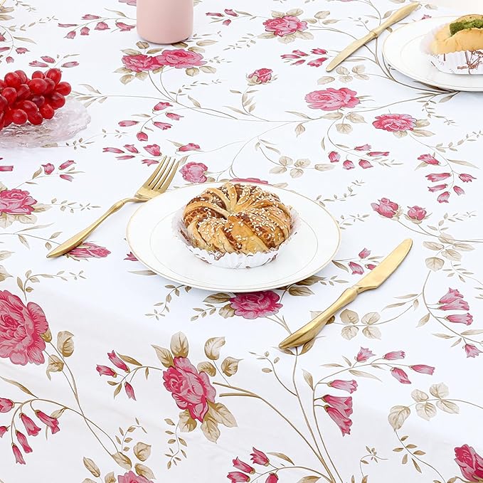 misaya Rectangle Waterproof Vinyl Table Cloth, Plastic Tablecloth with Flannel Backing, Wipeable Table Cover for Dinner, Picnic, Indoor and Outdoor (Pink Flowers, 60" x 84")