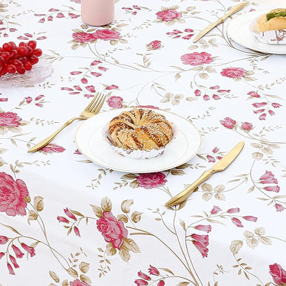 misaya Rectangle Waterproof Vinyl Table Cloth, Plastic Tablecloth with Flannel Backing, Wipeable Table Cover for Dinner, Picnic, Indoor and Outdoor (Pink Flowers, 60" x 120")
