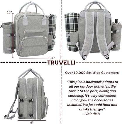 Truvelli Picnic Backpack for 4 with Blanket – 12-in-1 Insulated Picnic Basket Backpack Set with‬ Wine Holder, Cheese Board & Cutlery – Premium Picnic Back Pack for Family & Group‬ Adventures, Gray