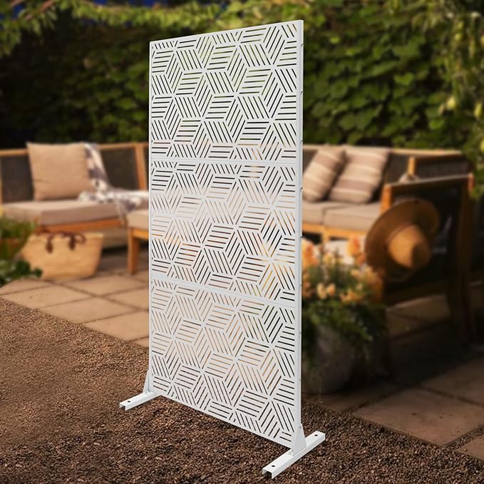 Outdoor Privacy Screen Freestanding, 36" W x 71.5" H Outdoor Decorative Screen Backyard Privacy Fence for Patio Garden Balcony Porch, White Rhombic Panels