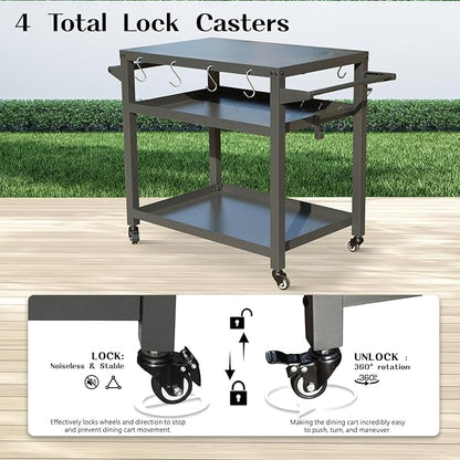 Domi 3-Tier Outdoor BBQ Grill Cart with Lockable Wheels | Portable Pizza Oven Stand & Food Prep Station | Compatible with Blackstone Griddle & Propane Tanks | All-Weather Patio Cooking cente