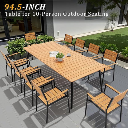 95" Patio Outdoor Dining Table for 8-10, Weather-Resistant Wood-Grain Top with Aluminum Frame & Umbrella Hole for Deck Gatherings, Brown