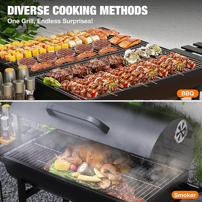 Extra Large Charcoal Barbecue Grill, 871 Sq. In. Cooking Space, Outdoor Barrel BBQ Grill with 2 Foldable Side Tables for Outdoor Backyard Patio Picnic Parties Camping, Black