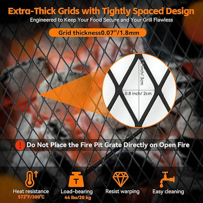 X-Marks Fire Pit Cooking Grill Grate with Support X Wire - Heavy Duty Folding Round Campfire Grill Grid - Portable Camping Cookware for Outside Party Gathering - 30 inch