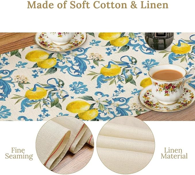 Lemon Flower Table Runner, Summer Fruit Sicilian Style Table Runner for Indoor Outdoor Kitchen Home Party Holiday Dining Table 13x120in