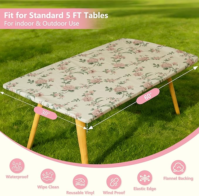 Rectangle Picnic Table Cloth, Elastic Waterproof Fitted Vinyl Tablecloths for 5 Foot Tables, Wipeable Flannel Backed Table Covers for Dining, Camping, Outdoor(Rose,30"x60")