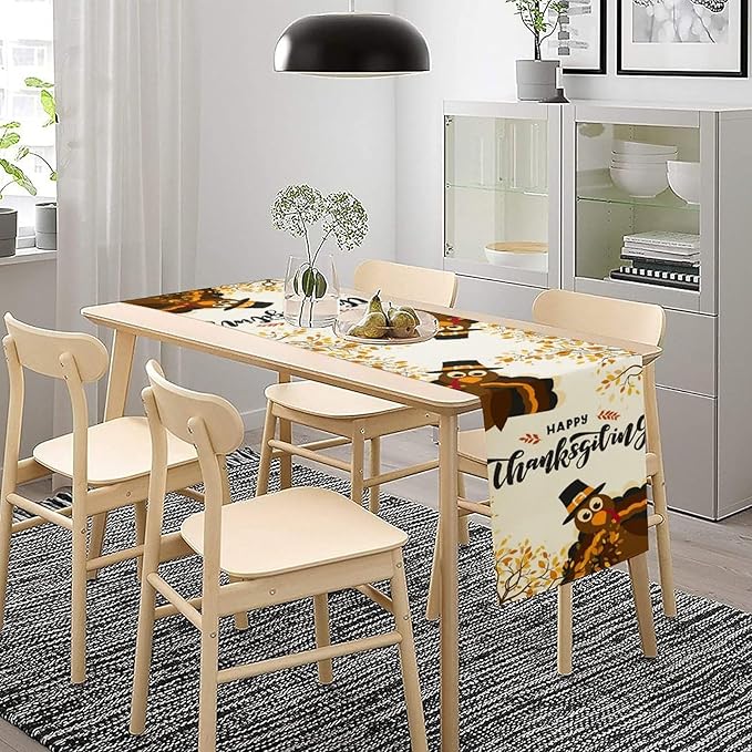 Thanksgiving Turkey Table Runner, Cartoon Turkey Autumn Branch Yellow Leaves Fall Harvest Kitchen Dining Table Decoration for Indoor Outdoor Farmhouse Home Party Decor, 13x108inch