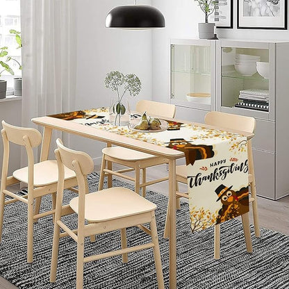 Thanksgiving Turkey Table Runner, Cartoon Turkey Autumn Branch Yellow Leaves Fall Harvest Kitchen Dining Table Decoration for Indoor Outdoor Farmhouse Home Party Decor, 13x120inch