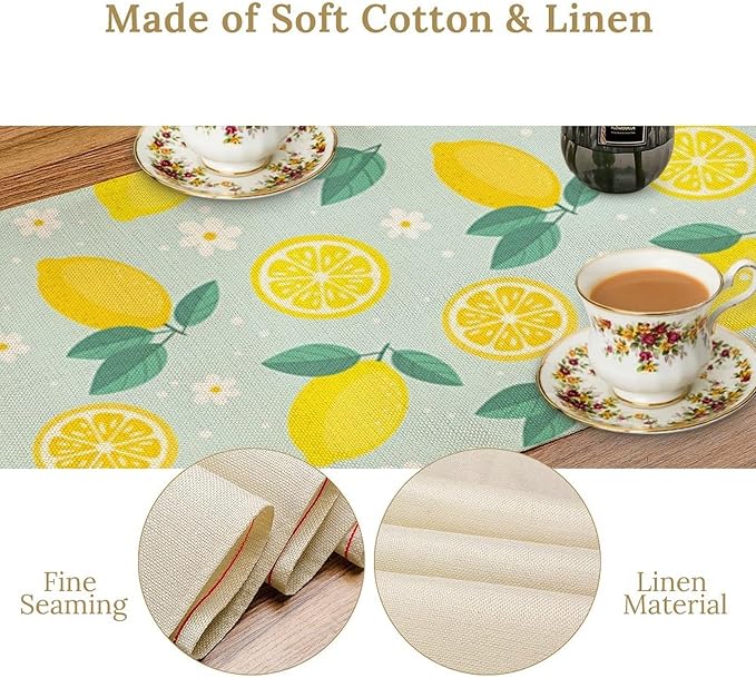 Spring Lemon Table Runner, Summer Seasonal Green Leaves Flowers Yellow Fruit Print Table Runner for Farmhouse Kitchen Dining Table Home Party Decor 13x70in