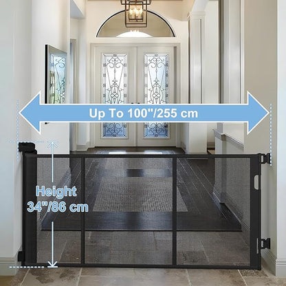 100 inches Retractable Baby Gate, 34 inches Tall Extra Wide Mesh Safety Gate for Open Floor Plans, Wide Doorways, Baby and Pet Barrier for Indoor Outdoor Use, White