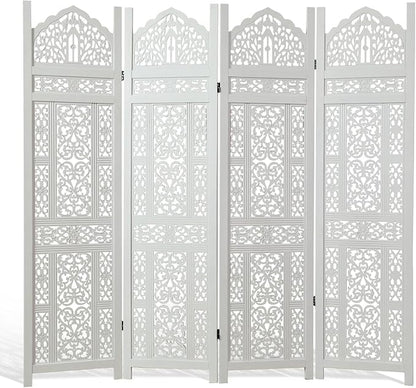 5.75Ft Room Divider Wood Screen, 33Lbs Durable Antiqued Style MDF Carved Headboard, Reversible Freestanding Folding Partition Paravent for Home Office, 69 * 71 inch(H*W) - 4 Panels (Rustic White)