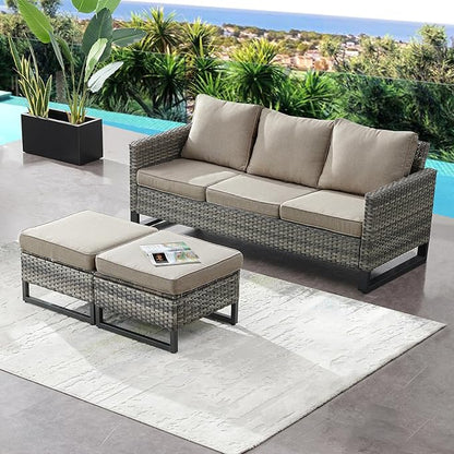 HUMMUH Outdoor Ottomans for Patio Set of 2 PE Wicker Outdoor Footstool with Removable Weather-Resistant Cushions for Patio, Backyard