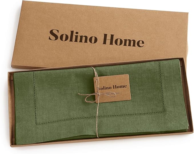 Solino Home Linen Olive Table Runner 108 Inches Long - 100% Pure Linen 14 x 108 Inch Table Runner for St Patricks Day - Classic Hemstitch