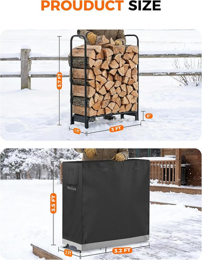 3ft Firewood Log Rack with Cover Outdoor, Heavy Duty Indoor Outdoor Firewood Storage Log Rack with Cover Combo Set Black