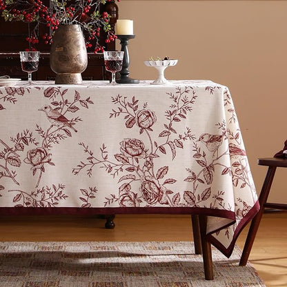 ISAENNE Designer Vintage Linen Small Rectangular Tablecloth,Red Floral Pattern Linen Stain Resistant Table Cloth,Decor Tablecloths for Dining Thanksgiving Kitchen Tea Party,55"*71"-Harmony