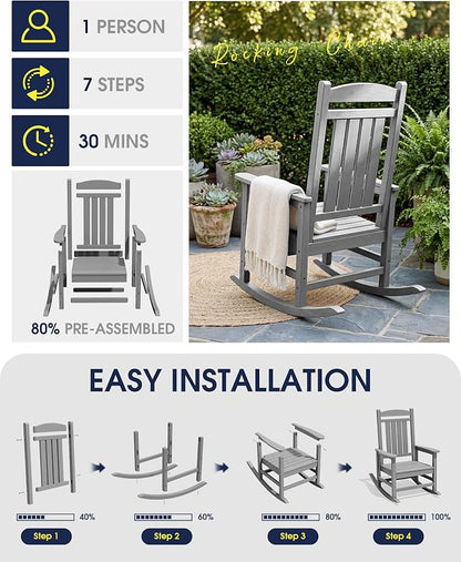 Oversized Outdoor Rocking Chair Set of 2, Porch Rockers, Light Gray | - Image 8
