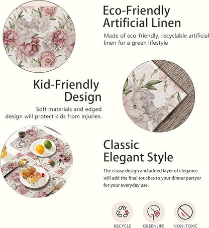Placemats,Pink White Peony Flower Placemats 12x18 Inch Waterproof Non-Slip Washable Table Mats for Kitchen Dining Party Table Decor,Set of 6