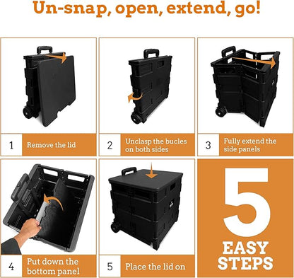 Inspired Living Collapsible Ultra-Slim Pack-N-Roll,2 Wheel Utility Cart w/Lid used as Seat up to 250 Lbs, Telescopic Handle - Super Strong, for Home, Garden, Shopping, Office, School use, Large, Black
