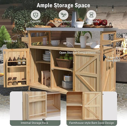 50.25" W Grill Cart with Stainless Steel Tabletop - Outdoor Storage Cabinet for BBQ, Bar Patio Kitchen Island with Ample Storage and Lockable Wheels
