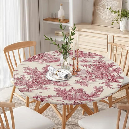 French Country Round Fitted Tablecloth with Elastic Vintage Red Circle Table Cloth for 48-52" Round Tables Wipeable Waterproof Rustic Burgundy Pink Village Table Cover for Dining Patio Picnic Decor
