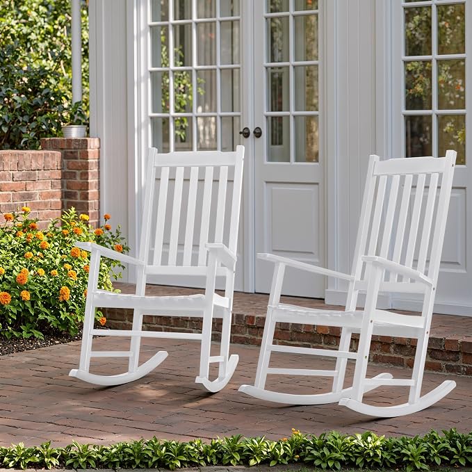 Flamaker Acacia Wood Porch Rocking Chairs Set of 2 | White Rocking Chairs - Image 7