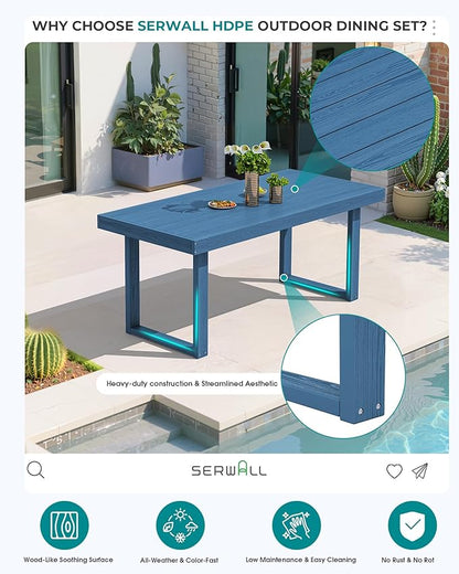 SERWALL HDPE Outdoor Dining Set for 4, 67'' All Weather Patio Dining Table and Chairs Set for Deck, Lawn, Blue