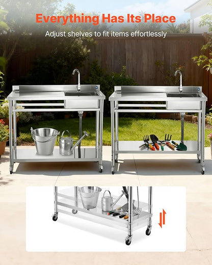 VEVOR Stainless Steel Utility Sink, Rolling Single Bowl Commercial Kitchen Sink with Wheels,Faucet and Hot & Cold Water Pipe,Utility Basin Workbench for Garage Restaurant Laundry 47.2 x 19.7 x 41.5 in