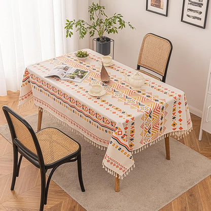 Waterproof Tassels Tablecloth, Bohemian Orange Colorful Table Cloth,White Black,Rectangle for 8 Foot,Fall Summer Dining Table Cover,Mexican,Indoor Outdoor,Farmhouse,Cute Vintage,Cotton