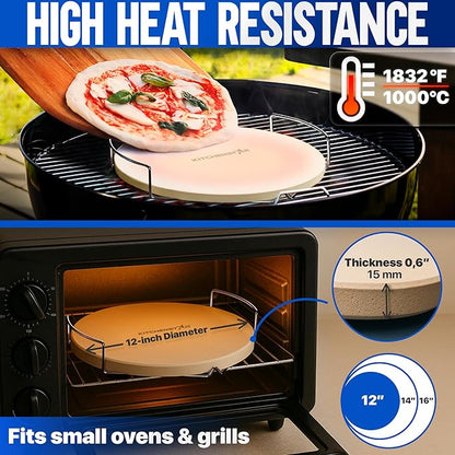 KitchenStar 12-inch Pizza Stone for Oven and BBQ Grill with Handles, Round, 5/8" Thick - Natural Cordierite, 1800 °F Resistant, Baking Stone Set with Stainless Steel Rack & Plastic Scraper Tool