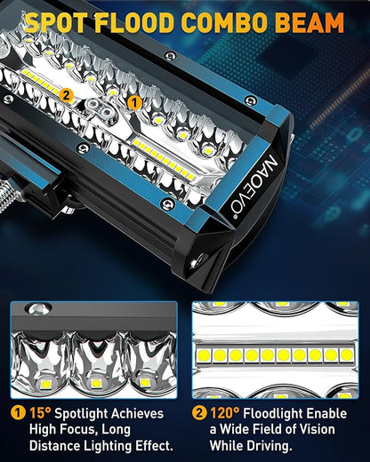 NAOEVO 7 Inch LED Light Bar, 240W 24,000LM Offroad Fog/Driving Lights LED Pods with 2 Leads Wiring Harness Kit, Spot Flood Combo Beam, Work for Truck Boat UTV ATV, 2-Pack (White)