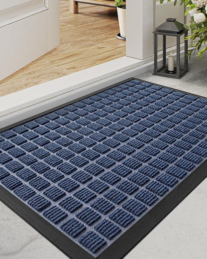 DEXI Front Door Mat Outside Entrance, 17x29 Rubber Entry Doormat Heavy Duty, Welcome Mats Non Slip for Inside House Floor Entryway Double Doors Exterior Patio, Checkered Blue
