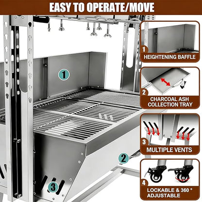 Electric Rotisserie Grill Kit with Windscreen, Large Charcoal Grill with Motor, Stainless Steel Automatic Pork Grill & Outdoor Lamb Goat Roaster, 132 Lbs Capacity for Camping Outdoor