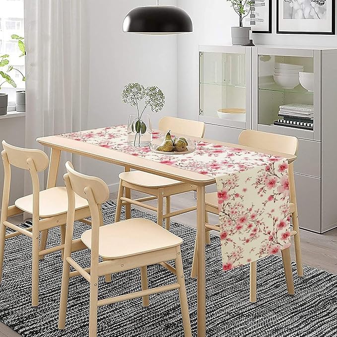 Cherry Flower Table Runner, Seasonal Spring Cherry Blossoms Branches Watercolor Floral Print Table Cover for Kitchen Dining Table Indoor Outdoor Party Decor, 13x90inch