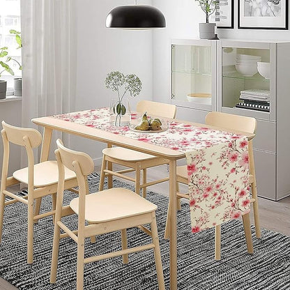Cherry Flower Table Runner, Seasonal Spring Cherry Blossoms Branches Watercolor Floral Print Table Cover for Kitchen Dining Table Indoor Outdoor Party Decor, 13x70inch