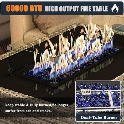 44 Inch Propane Gas Fire Pits Table for Outside Patio, 60000 BTU Rectangular Outdoor Wicker Rattan Fire Pit with Glass Wind Guard