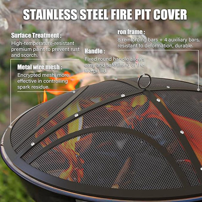 Fire Pit Spark Screen, Upgraded 27 Inch Outdoor Fire Pit Screen with Handle & Poker, Heavy-Duty Steel Fire Pit Cover Round Mesh Replacement Firepit Screen for Backyard/Beach/RV Camping