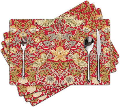 Strawberry Thief Red Placemats - Placemats Set of 4 Faux Leather Heat Resistant for Dinner Table, Non-Slip Waterproof Oil-Proof Washable Reusable Placemat for Indoor Outdoor Kitchen