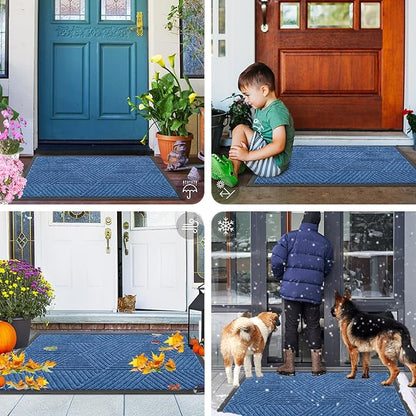 Smiry Front Door Mat Outside Entrance, Heavy Duty Sturdy Natural Rubber Doormat, Trap Dirt and Moisture, Easy Clean Low Profile Mats for Indoor Outdoor Entry, Irregular Triangle (71x24, Blue)