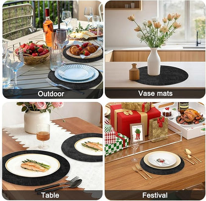 Round Faux Leather Placemats and Coasters, Set of 6, Reversible Heat Resistant Non-Slip Table Mats, Waterproof Wipeable Place Mats for Dining Table, Washable for Indoor & Outdoor (6, Black)